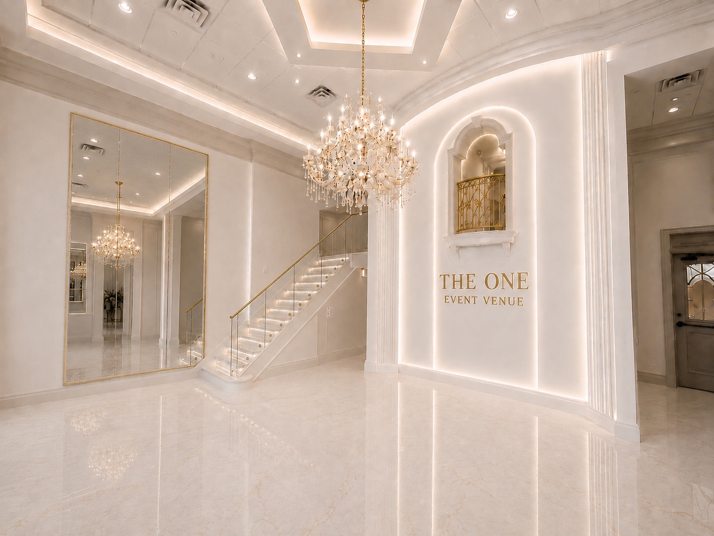 Bright white ballroom with crystal chandelier